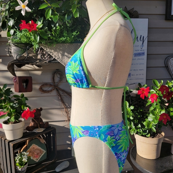 CHRISTINA ♡ Gorgeous 2pc Blue 'n Green Floral String Bikini Top Swimsuit XL - Picture 14 of 17